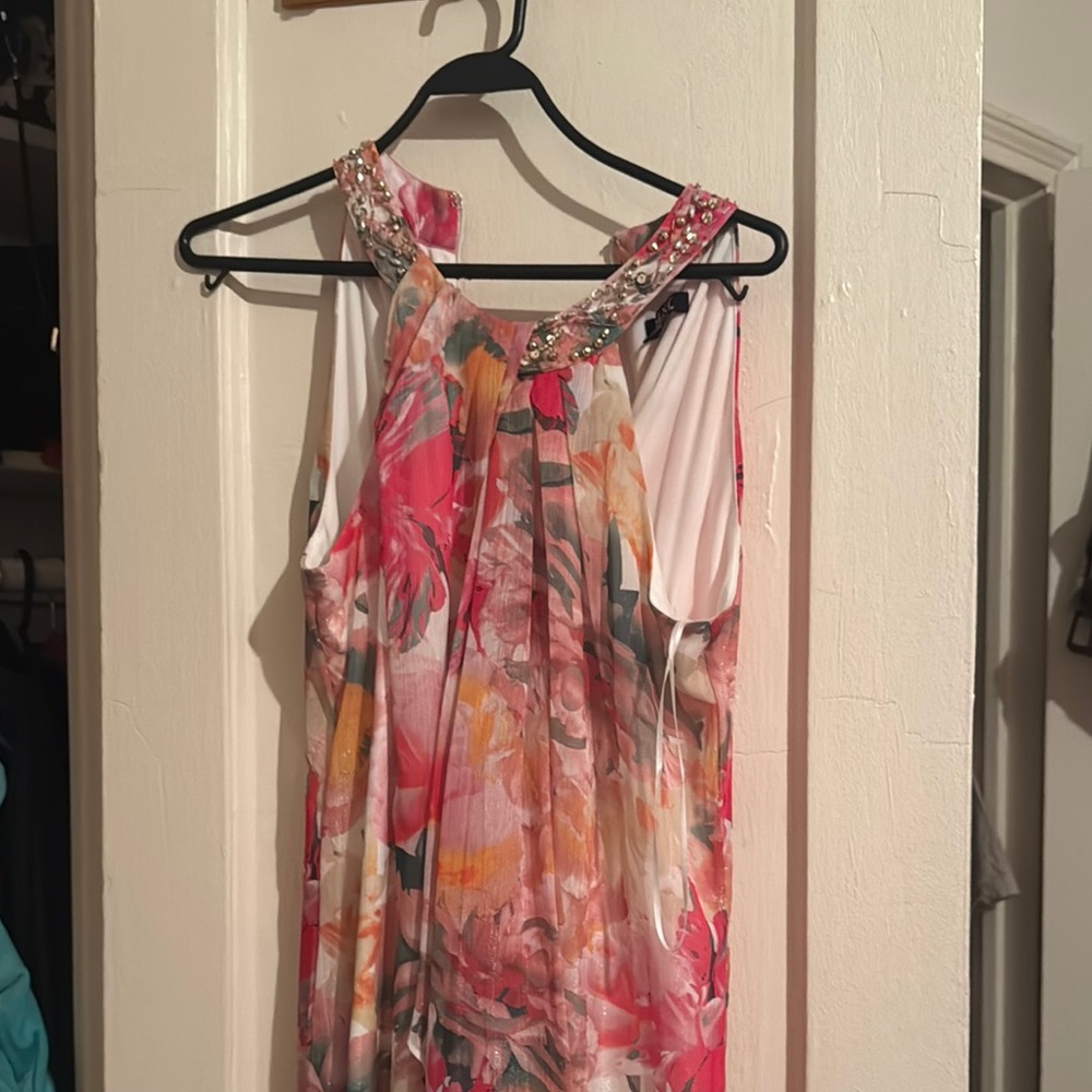 SLNY Pink and White Dress with Embellished Neckline